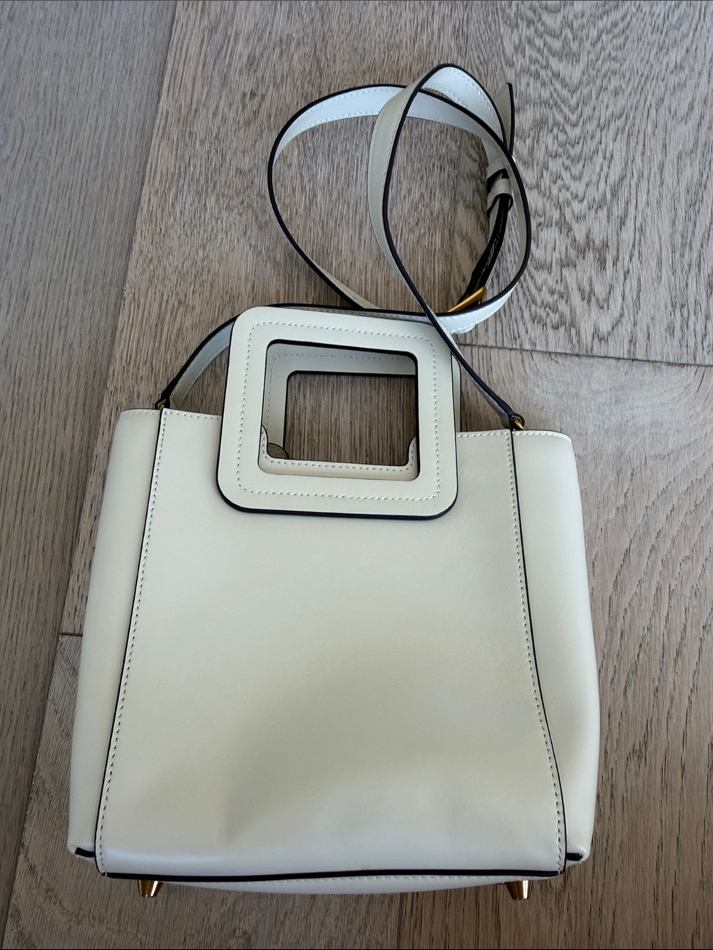 STAUD Cream Mini Square-Handle Crossbody Bag with Black Trim